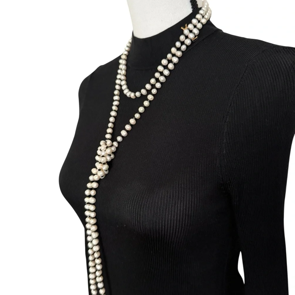 Carolee Classic White Pearl Long Necklace with Black Rhinestones